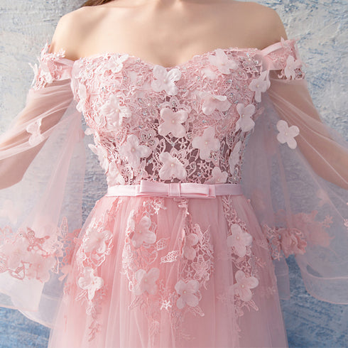Pink Flowers and Tulle Long Puffy Sleeves Prom Dress, Pink Long Party Dress Evening Dress