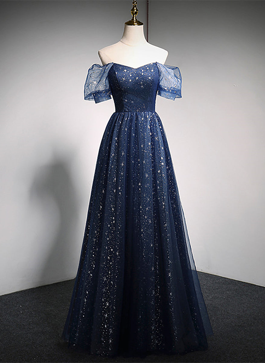 Beautiful Satin Navy Blue A-line Prom Dress, Off Shoulder Party Dress