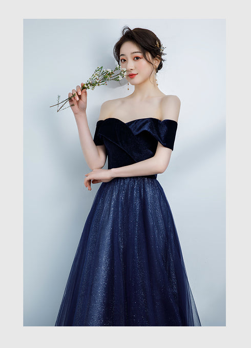 Navy Blue Off Shoulder Velvet Sweetheart Party Dress, Shiny Tulle Long Prom Dress Party Dress