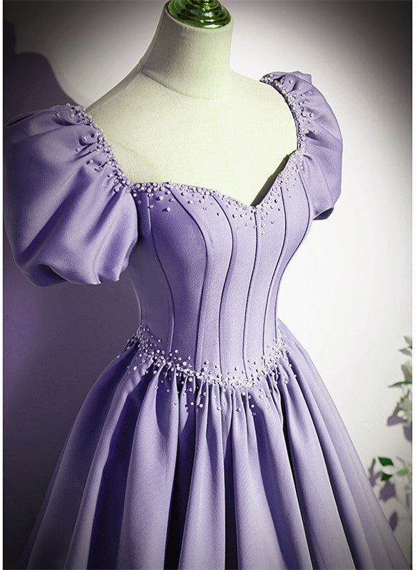 Light Purple Satin Short Sleeves Beaded Party Dress, A-Line Long Prom Dress US Size 12 / Purple