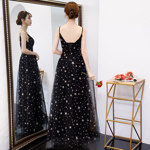 Lovely Black V-neckline Straps Long Evening Gown, Black Party Dress