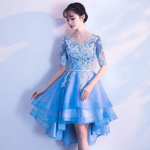 Blue High Low Tulle Party Dress , Cute Tulle Formal Dress with Lace Applique