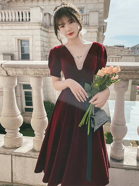 Wine Red Velvet Homecoming Dress Prom Dresses, Velvet Bridesmaid Dresses