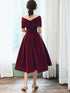 Wine Red Velvet Tea Length Homecoming Dress, Dark Red Party Dresses