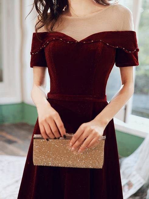 Wine Red Velvet Long A-line Bridesmaid Dress, Wine Red Prom Dresses