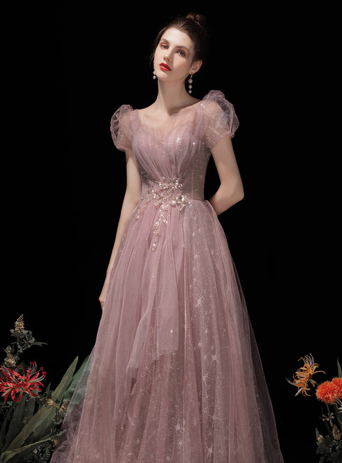 Pink Tulle Short Sleeves A-line Floor Length Formal Dress, Pink Cute Long Prom Dress