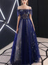 Navy Blue Off Shoulder A-line Long Party Dress, Blue Tulle Prom Dress Evening Dress