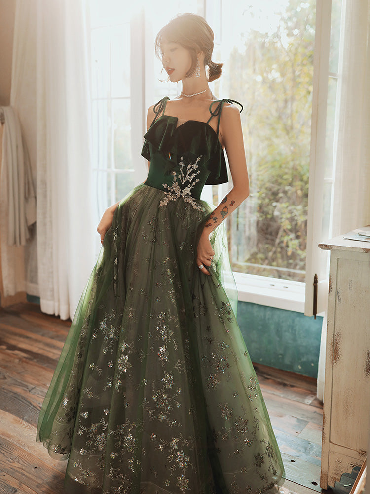 grunge prom dress Beautiful Dark Green Straps Tulle with Velvet Party Dress, Green Evening Gown Custom size / Green while the dark floral Condition:No Box No Card sample Sale A hand-painted floral featuring