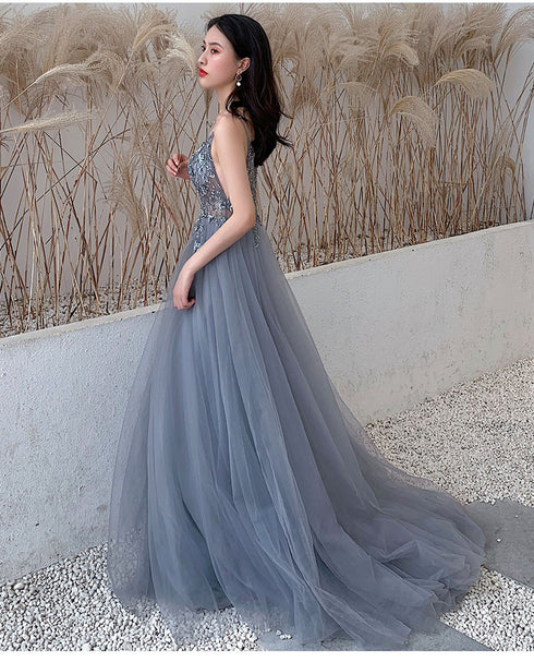 V-neckline Beaded Tulle Long Evening Dress with Leg Slit, Straps Tulle Formal Dresses Prom Dresses