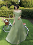 Green Off Shoulder Tulle Long Party Dress, Green Bridesmaid Dresses Party Dress