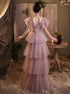 Dark Pink Shiny Tulle Short Sleeves Party Dress, Beaded Pink Tulle Prom Dress
