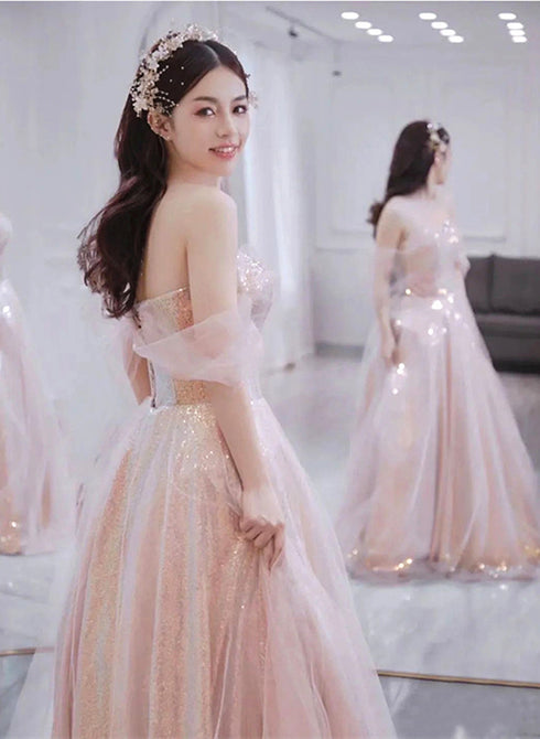 Light Pink and Sequins Sweetheart Long Formal Dress, Pink Evening Party Dress