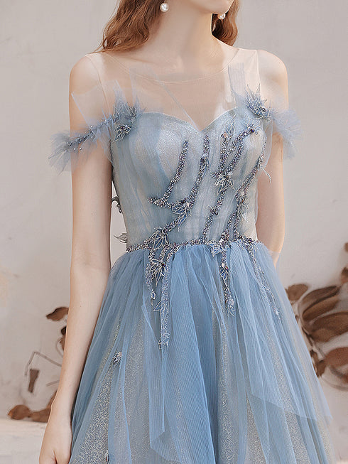 Blue Sweetheart Tulle Beaded Long Evening Dress Party Dress, Off Shoulder Prom Dress