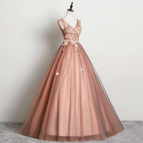 Beautiful V-neckline Tulle Ball Gown Pink Sweet 16 Dresses, Ball Gown Lace Applique Quinceanera Dress