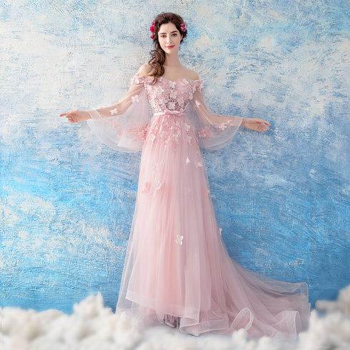 Pink Flowers and Tulle Long Puffy Sleeves Prom Dress, Pink Long Party Dress Evening Dress