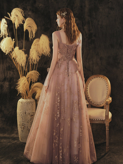 Dark Pink Straps Tulle Long Lace Prom Dress, A-line Pink Formal Dress