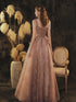 Dark Pink Straps Tulle Long Lace Prom Dress, A-line Pink Formal Dress