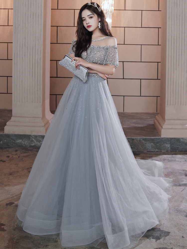 Gorgeous  A Line Off The Shoulder  Beaded Tulle Long Prom Dress, Evening Dress GG450 main image 0
