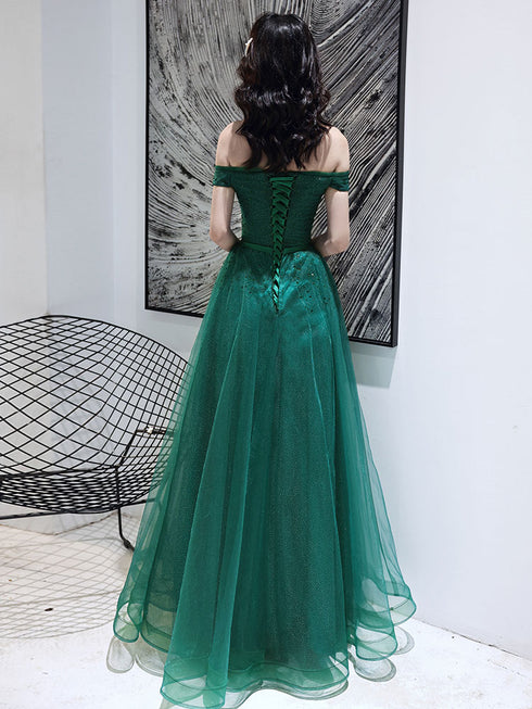 Dark Green Tulle Beaded Off Shoulder Long Party Dresses, A-line Long Evening Dresses
