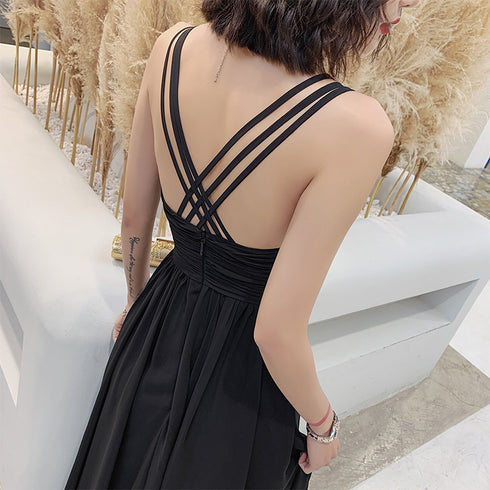 Beautiful Black Chiffon V-neckline Long Party Dress, Black Cross Back Prom Dresses