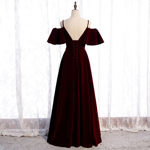 Beautiful Wine Red Velvet Off Shoulder Floor Length Party Dress, Velvet Junior Prom Dress