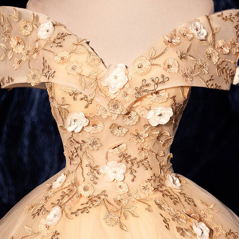 Champagne Tulle Flowers  Off Shoulder Sweet 16 Party Dress, Long Prom Dress, Formal Gown
