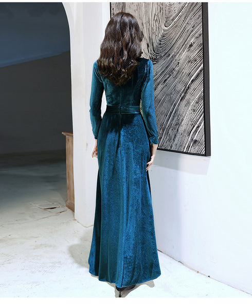 Charming Velvet V-neckline Simple Long Bridesmaid Dress, Long Sleeves A-line Party Dress