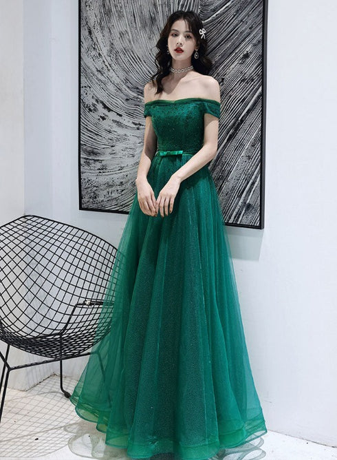 Dark Green Tulle Beaded Off Shoulder Long Party Dresses, A-line Long Evening Dresses