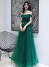 Dark Green Tulle Beaded Off Shoulder Long Party Dresses, A-line Long Evening Dresses
