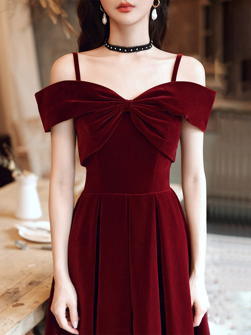 Wine Red Velvet Off Shoulder Long Prom Dress, Wine Red Party Dress Formal Dress