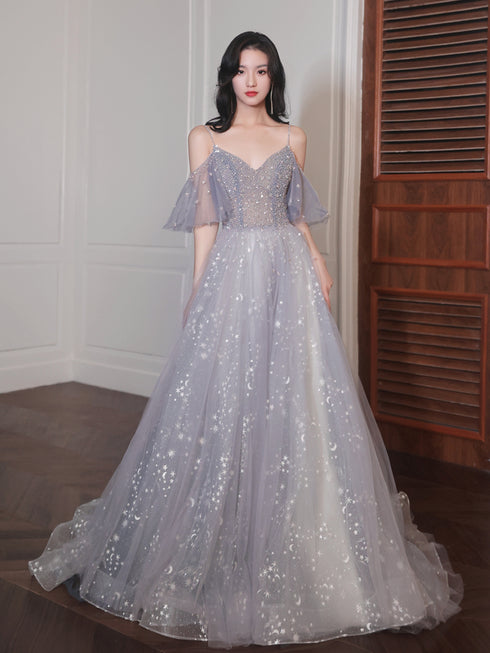 Chic Tulle and Beaded Low Back Long Evening Gown, A-line Long Prom Dress Party Dress