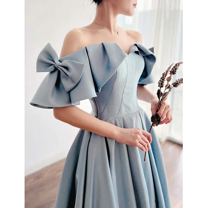 A Line Strapless Blue Jacquard Satin Prom Dress with Bow main image 1