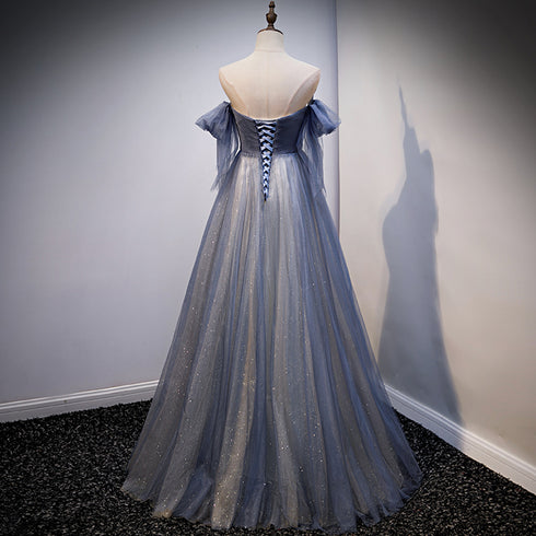 Blue and Grey Tulle Long Sweetheart  Party Dress, Tulle A-line Formal Dress