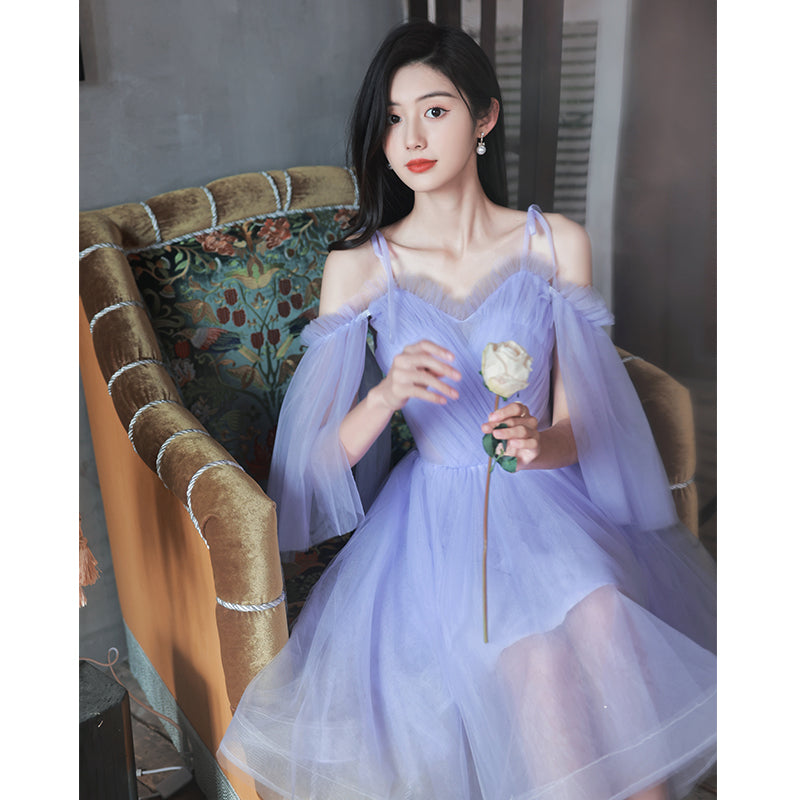 Vintage Light Purple Tulle High Low Floral Homecoming Dress main image 0
