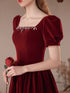 Wine Red Short Sleeves A-line Velvet Party Dress, Wine Red Bridesmaid Dress