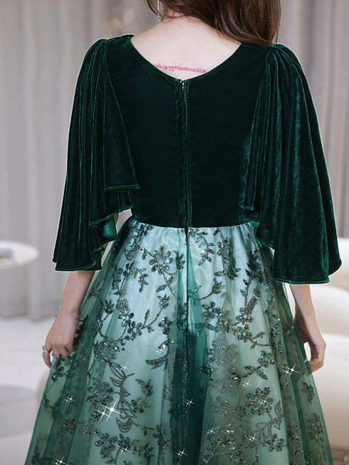 Green V-neckline Velvet Top and Tulle Long Party Dress, Green Formal Dress