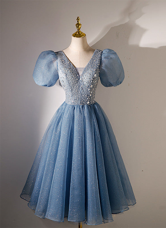 Blue Beaded Tulle Short Sleeves Formal Dresses, Blue Homecoming Dress