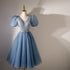 Blue Beaded Tulle Short Sleeves Formal Dresses, Blue Homecoming Dress Prom Dress