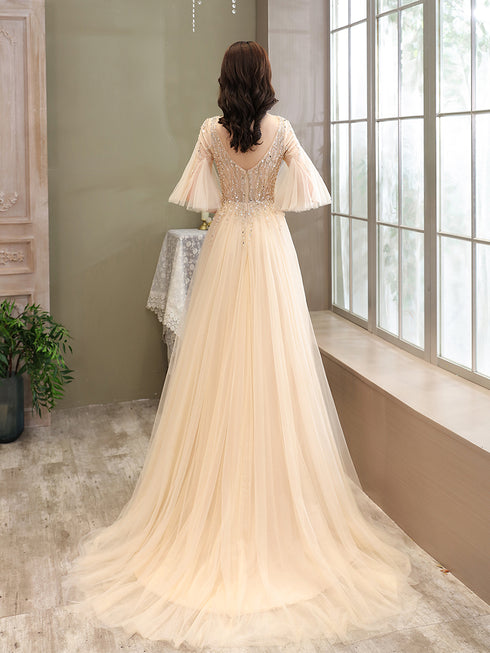 Light Champagne Tulle Slit Beaded Long Prom Dress, Sexy A-line Sequins Formal Dress