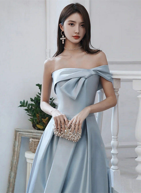 Blue Satin Long Prom Dress with Bow, A-line Blue Satin Party Dress