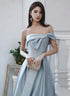 Blue Satin Long Prom Dress with Bow, A-line Blue Satin Party Dress