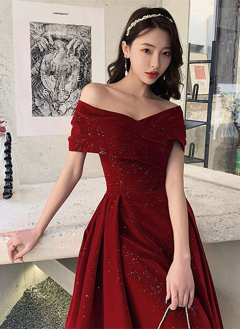 Wine Red Off Shoulder Tea Length Velvet Party Dress, Wine Red Prom Dress