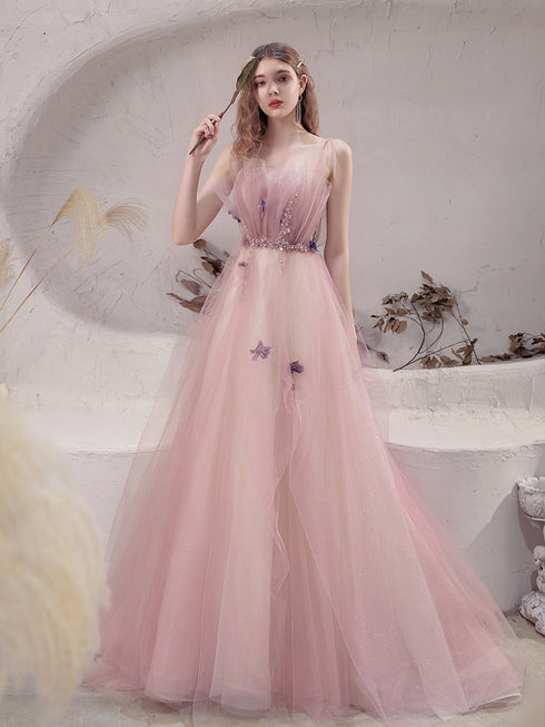 Pink Tulle with Beadings Spaghetti Strap Long Formal Dress, Pink Junior Prom Dress