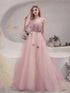 Pink Tulle with Beadings Spaghetti Strap Long Formal Dress, Pink Junior Prom Dress
