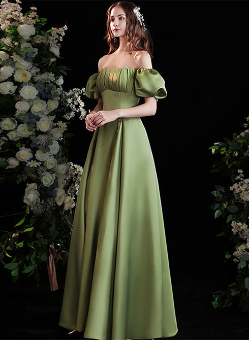 Green Satin Long Prom Dress iwith Short Sleeves, Green Party Dress Prom Dress