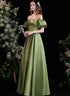 Green Satin Long Prom Dress iwith Short Sleeves, Green Party Dress Prom Dress