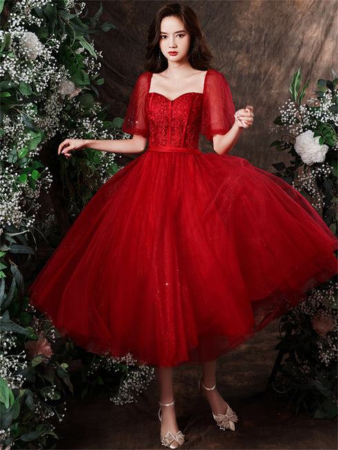 Cute Wine Red Tulle with Lace Tea Length Formal Dress, Wine Red Evening Dresses