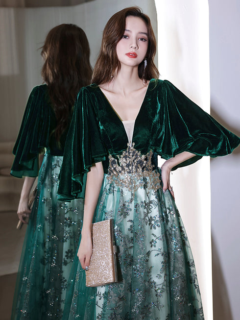 Green V-neckline Velvet Top and Tulle Long Party Dress, Green Formal Dress