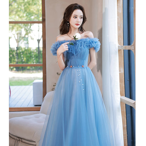Blue Off Shoulder Beaded A-line Floor Length Party Dress, Blue Evening Gown