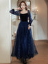 Navy Blue Tulle and Velvet Long Sleeves Party Dress, Simple A-line Prom Dress